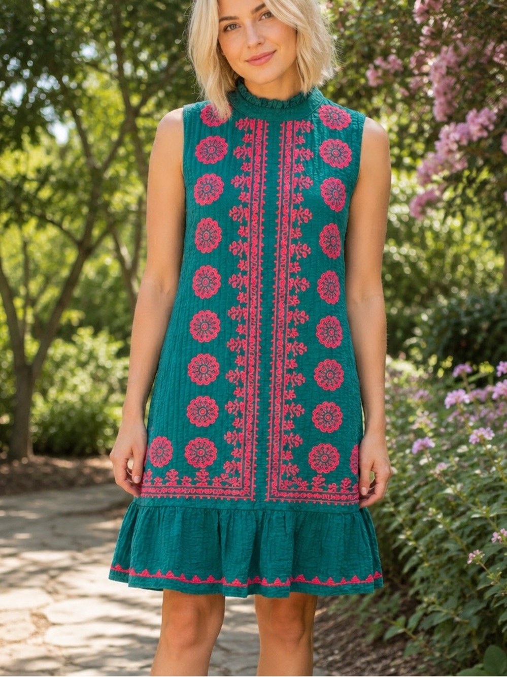 Green Sleeveless Embroidered Sun Dress with Pink Motifs XS